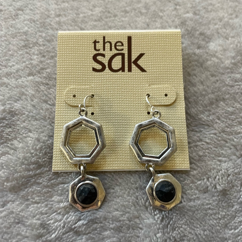 The Sak Hexagon Silver Earrings With Black Accents With Pretty Gift Box 15$